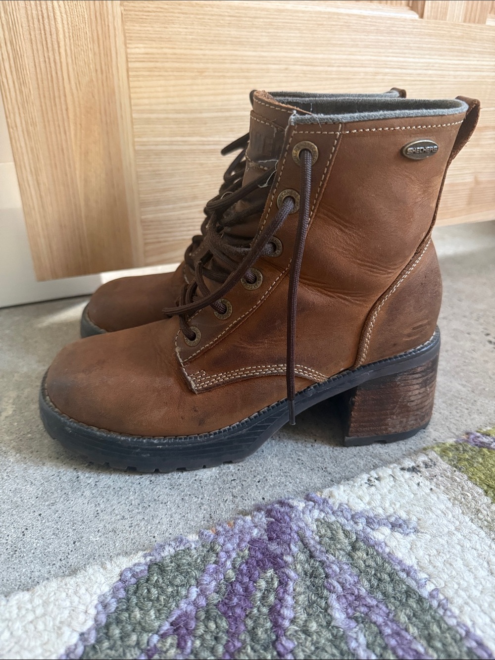 Vintage Skechers Cognac Lace-Up Leather Ankle Boots